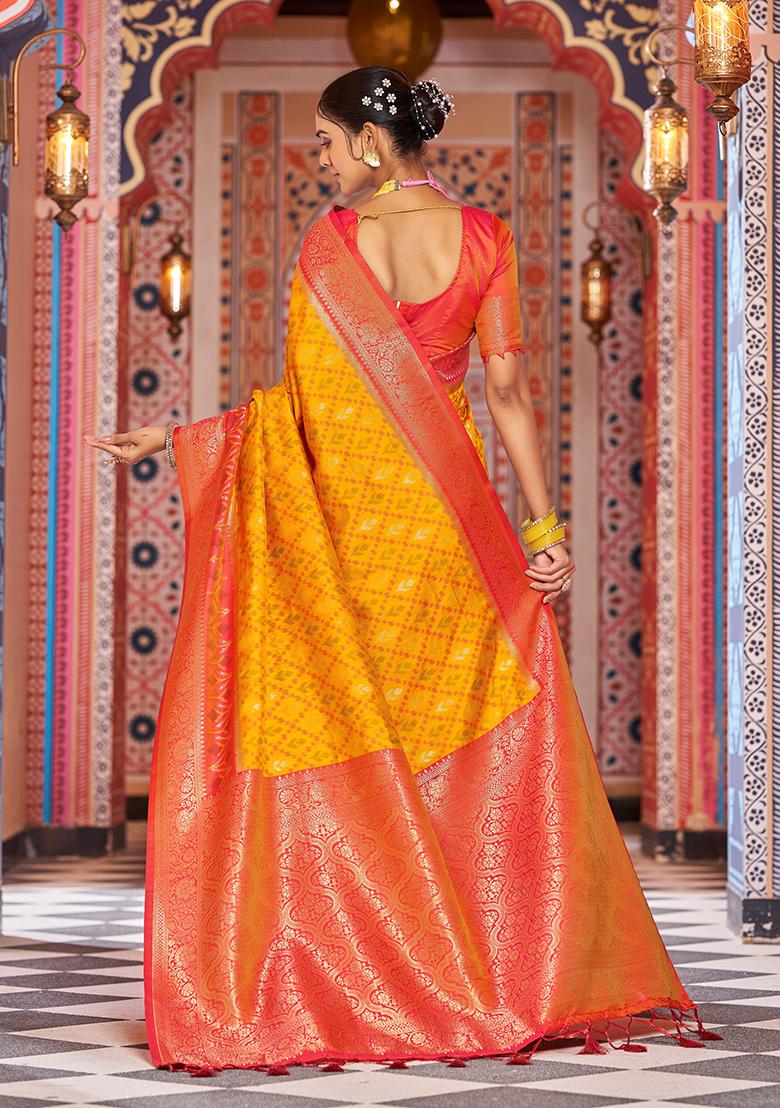 Orange Solid Silk Saree Set