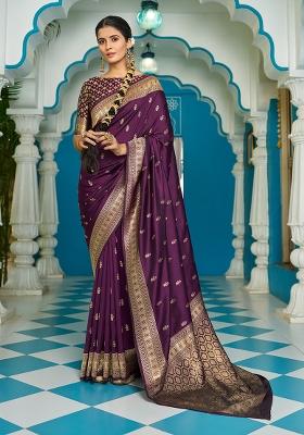 Purple Solid Silk Blend Saree Set