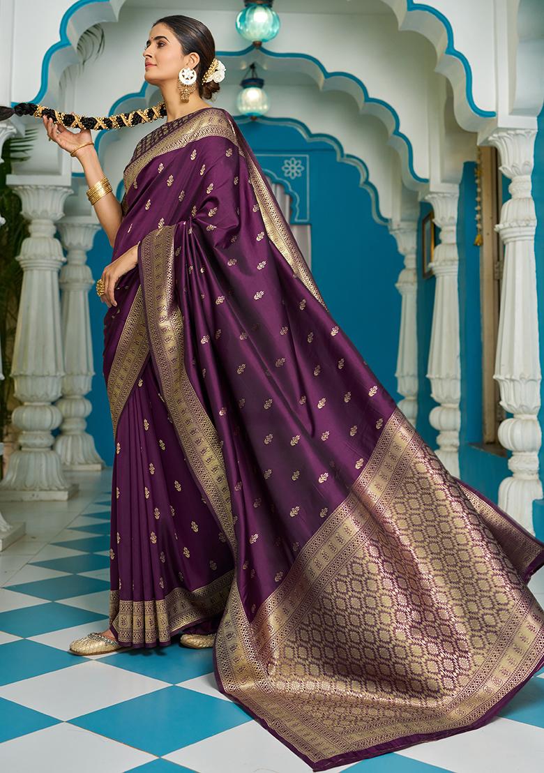 Purple Solid Silk Blend Saree Set