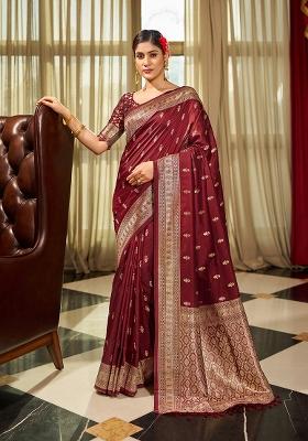 Maroon Solid Silk Blend Saree Set