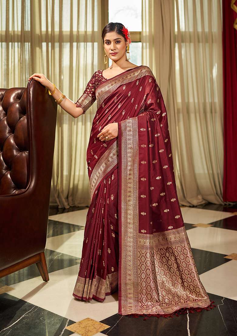 Maroon Solid Silk Blend Saree Set for Diwali and Festive Wear - Indya