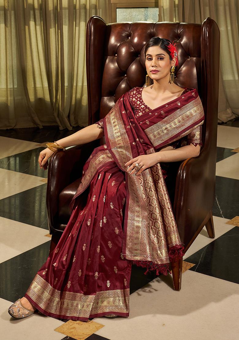 Maroon Solid Silk Blend Saree Set