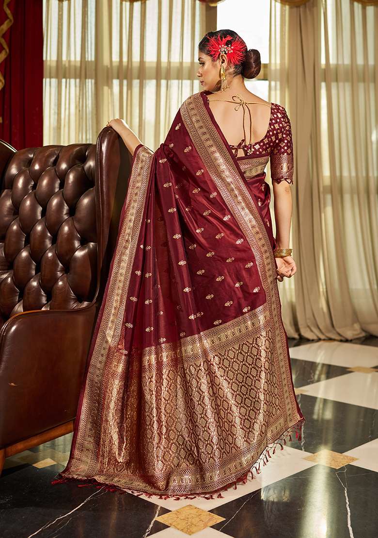 Maroon Solid Silk Blend Saree Set for Diwali and Festive Wear - Indya