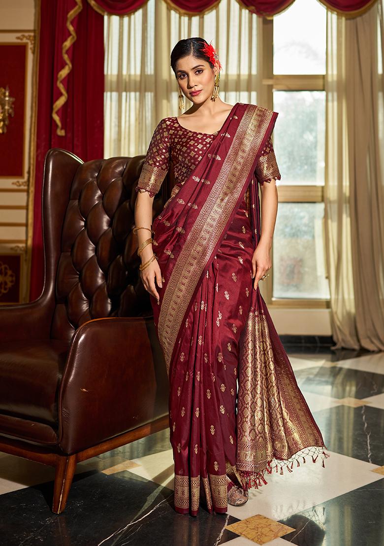 Maroon Solid Silk Blend Saree Set