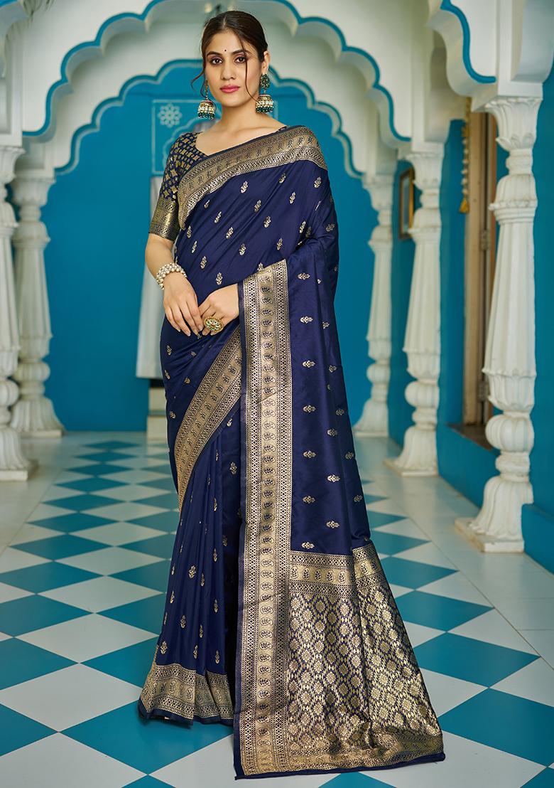 Blue Solid Silk Blend Saree Set