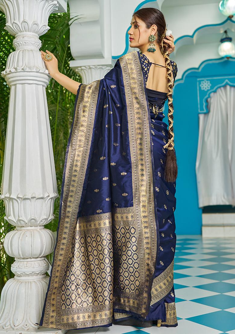 Blue Solid Silk Blend Saree Set