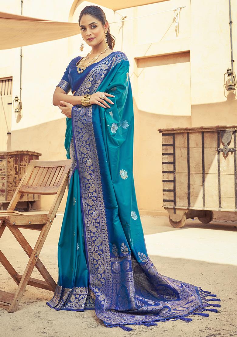 Firozi Blue Solid Silk Saree Set
