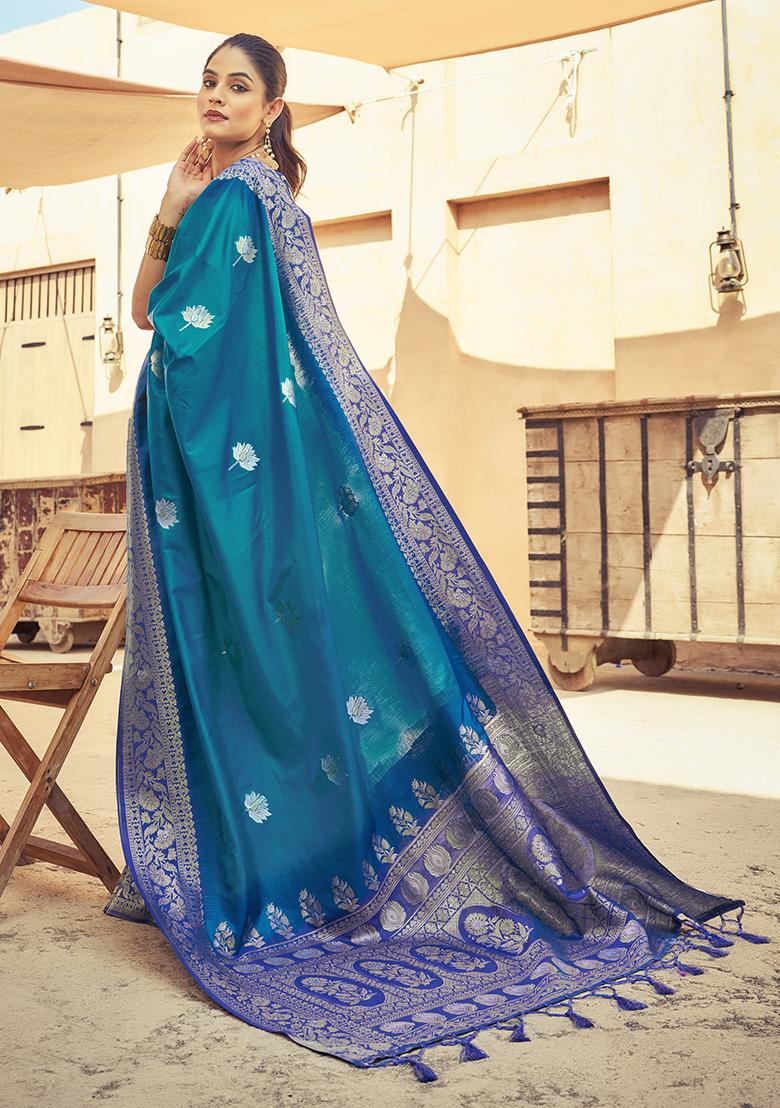 Firozi Blue Solid Silk Saree Set