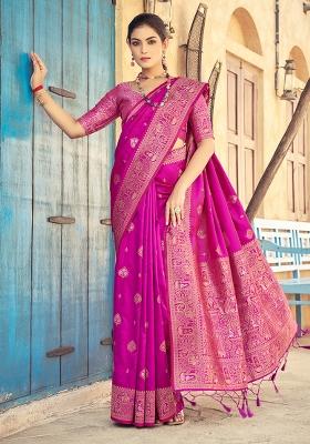 Pink Solid Silk Saree Set