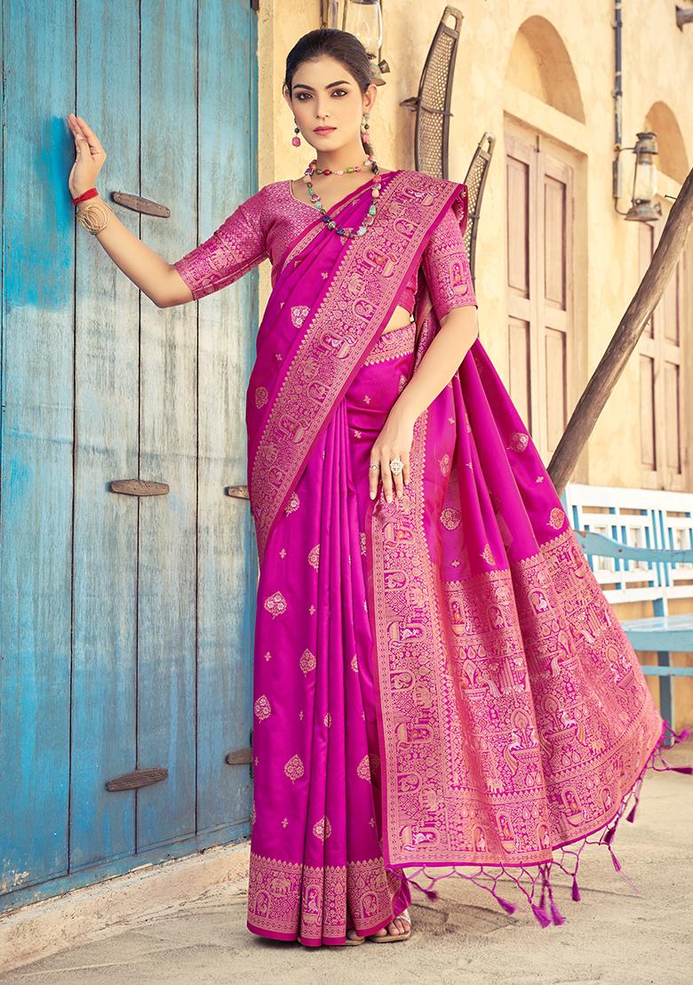 Pink Solid Silk Saree Set