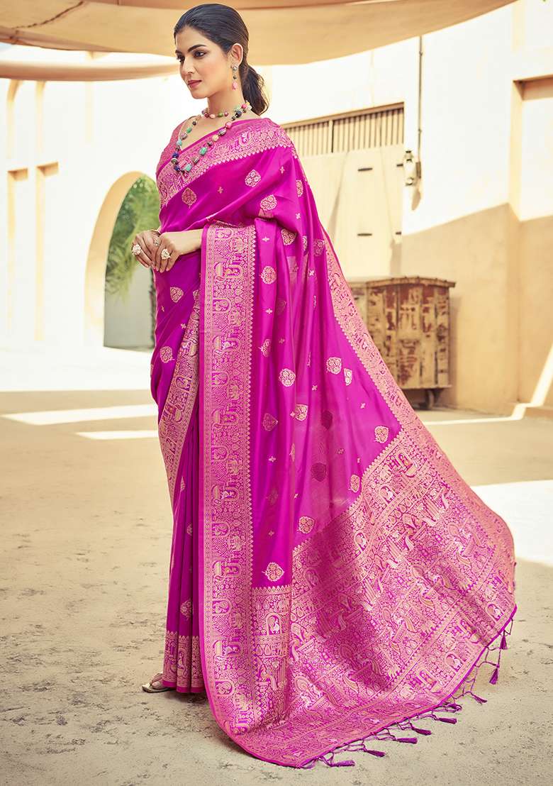 Pink Solid Silk Saree Set for Diwali | Wedding & Festive Wear - Indya