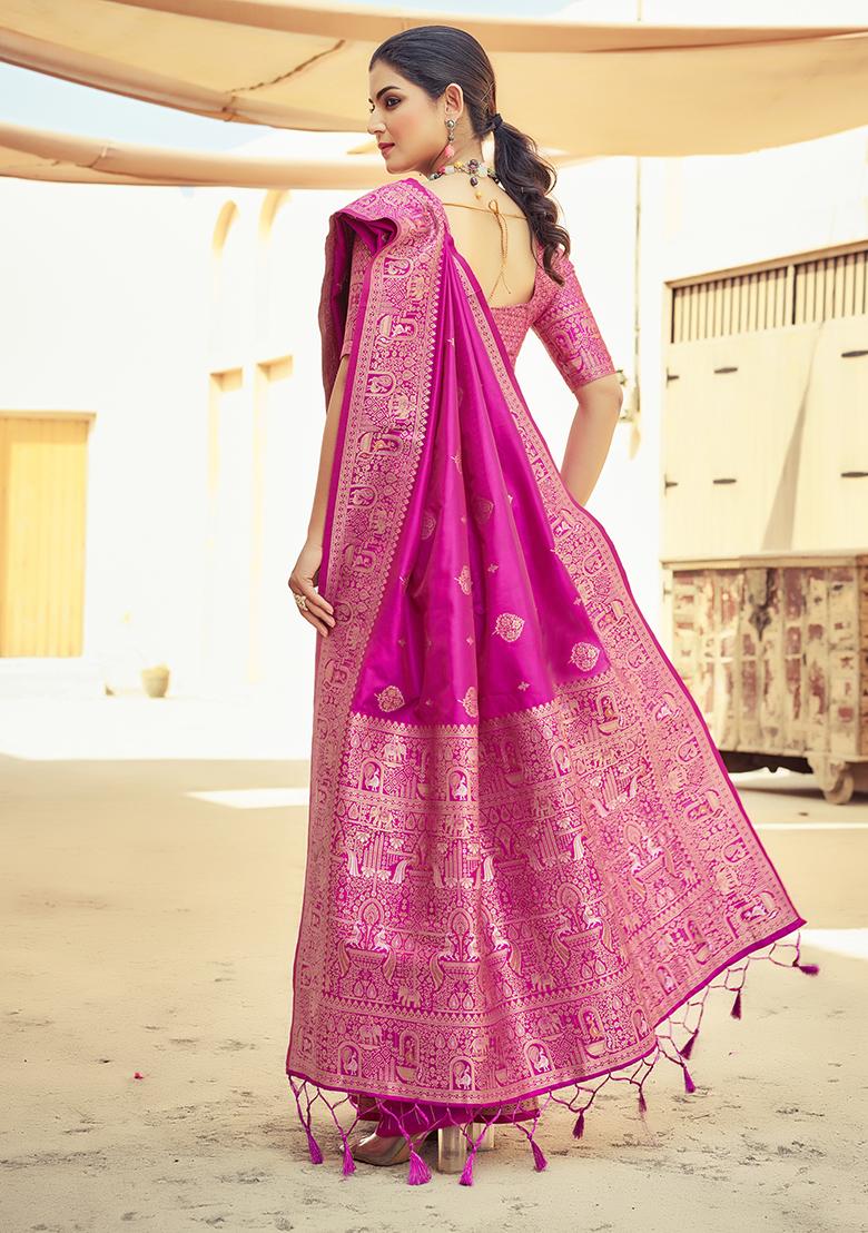 Pink Solid Silk Saree Set