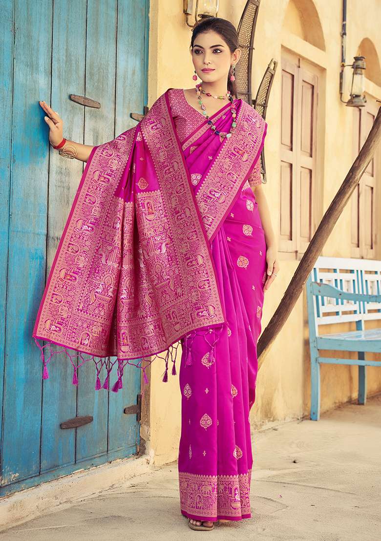 Pink Solid Silk Saree Set for Diwali | Wedding & Festive Wear - Indya