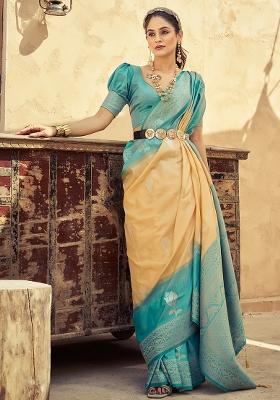 Yellow Solid Silk Saree Set