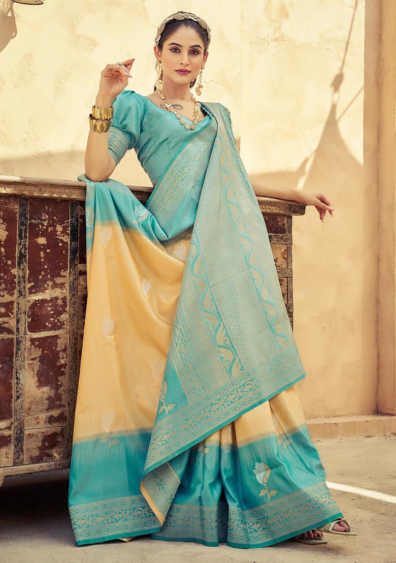 Yellow Solid Silk Saree Set