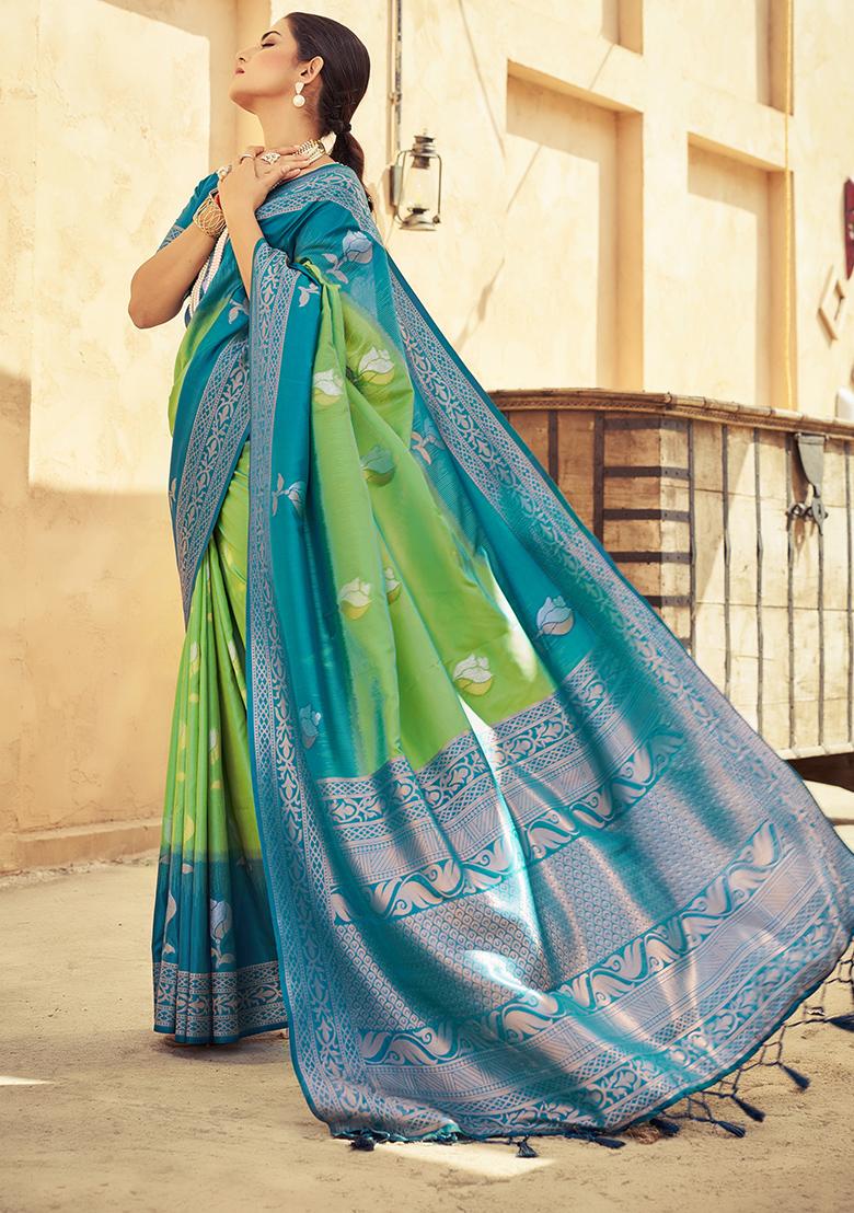 Green Solid Silk Saree Set