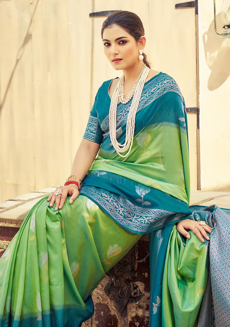 Green Solid Silk Saree Set