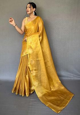 Yellow Solid Silk Saree Set