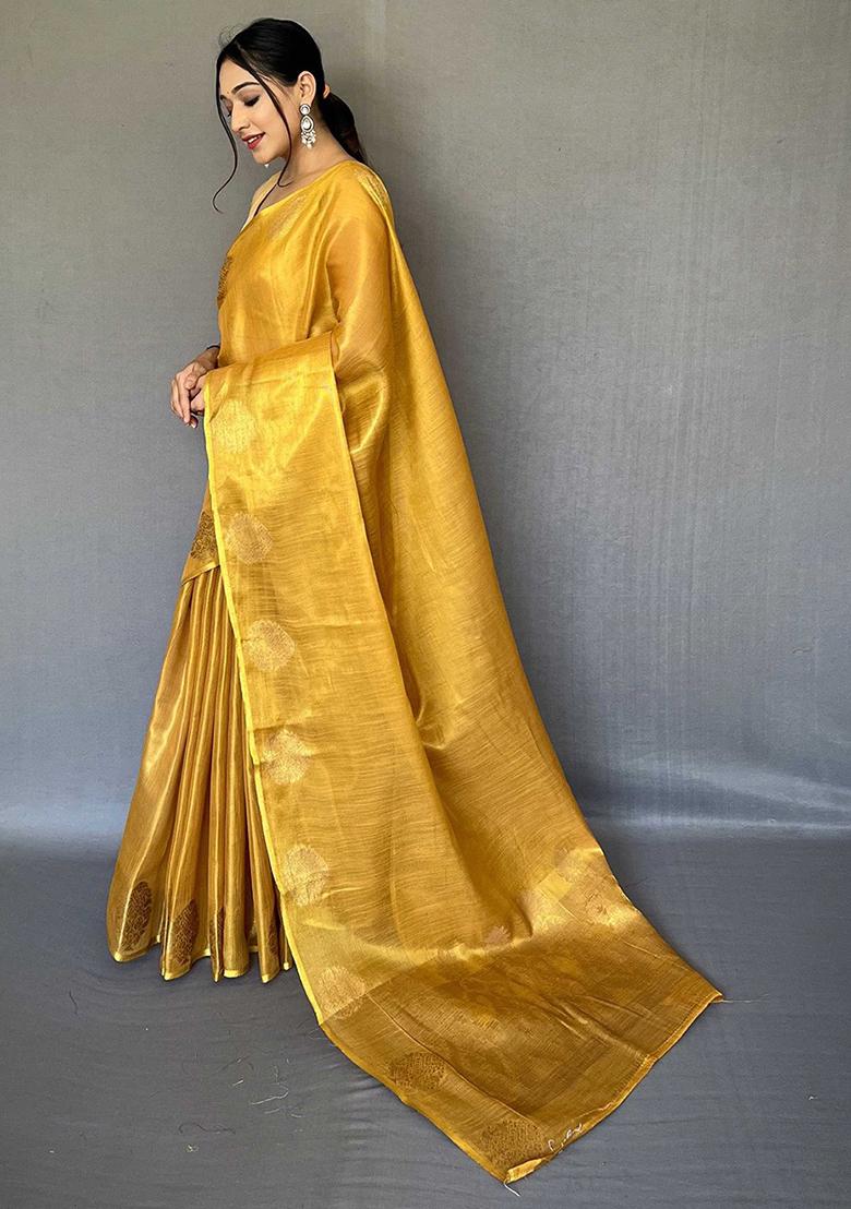 Yellow Solid Silk Saree Set