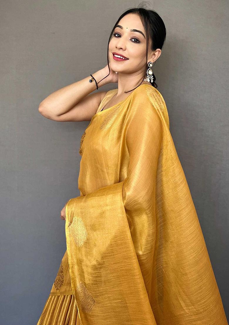 Yellow Solid Silk Saree Set