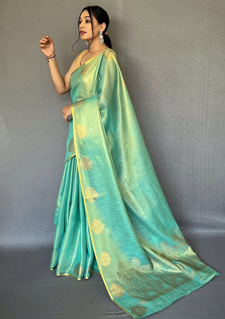 Firozi Blue Solid Silk Saree Set