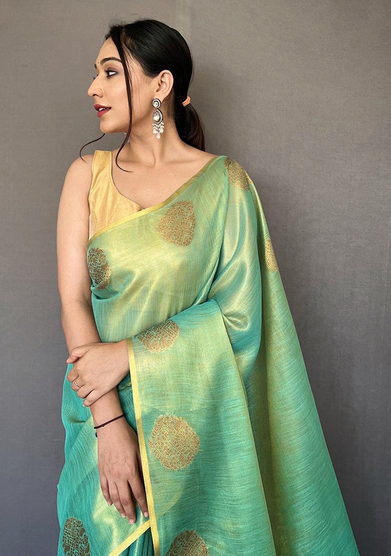 Firozi Blue Solid Silk Saree Set