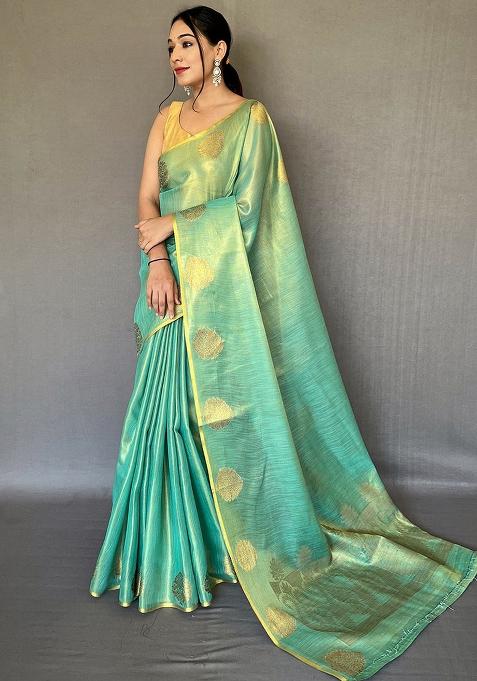 Firozi Blue Solid Silk Saree Set