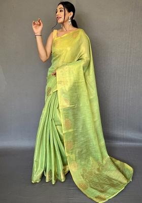 Green Solid Silk Saree Set