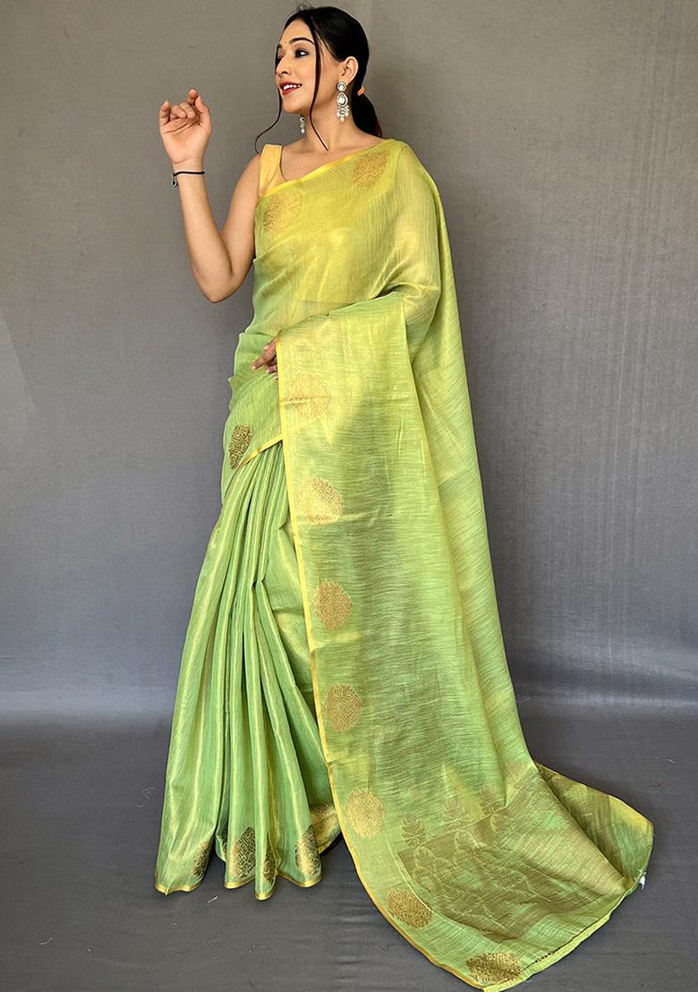 Green Solid Silk Saree Set