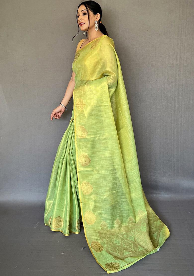 Green Solid Silk Saree Set