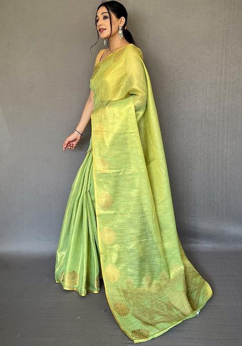 Green Solid Silk Saree Set