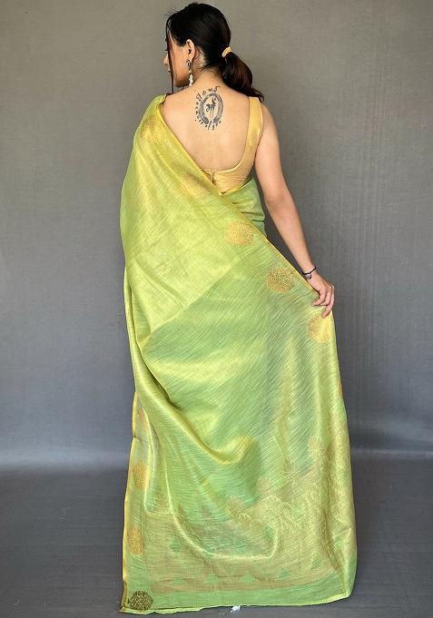 Green Solid Silk Saree Set