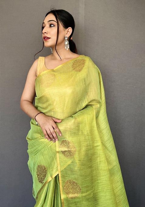 Green Solid Silk Saree Set