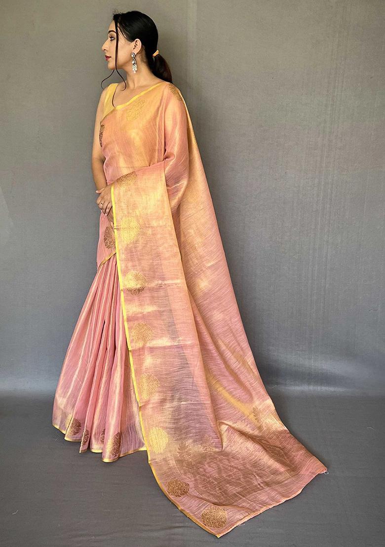 Pink Solid Silk Saree Set