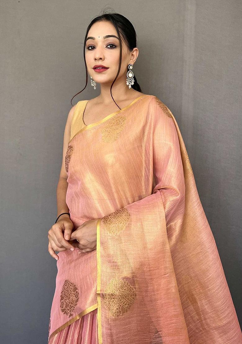 Pink Solid Silk Saree Set