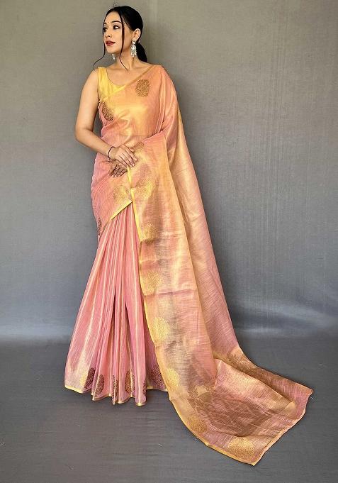 Pink Solid Silk Saree Set