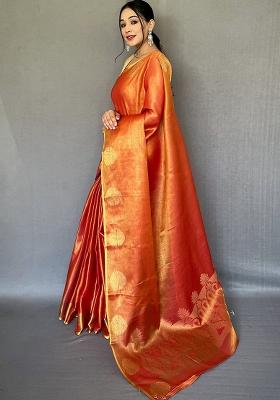 Orange Solid Silk Saree Set