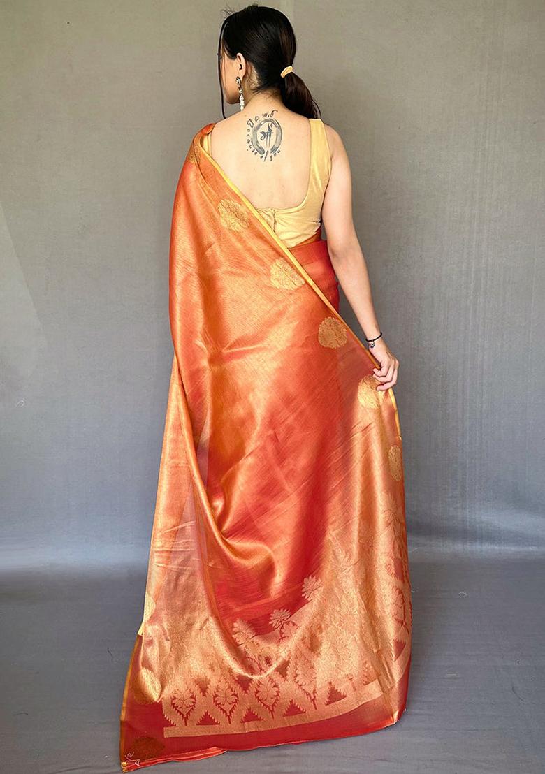 Orange Solid Silk Saree Set