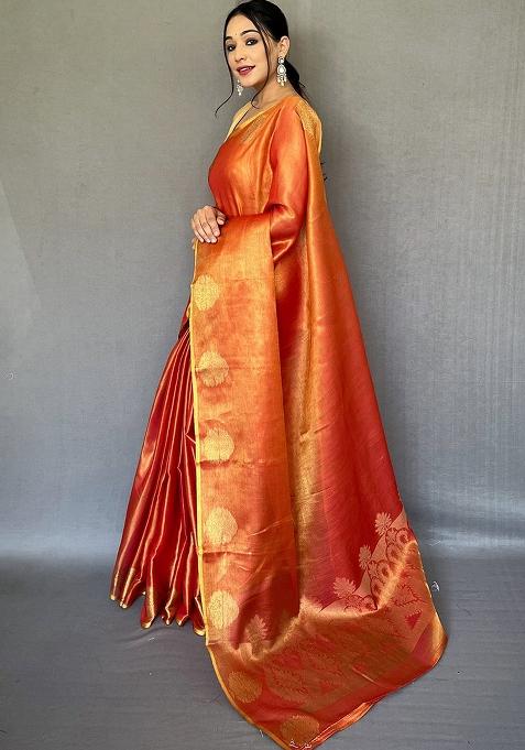 Orange Solid Silk Saree Set