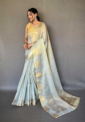 Grey Solid Silk Saree Set