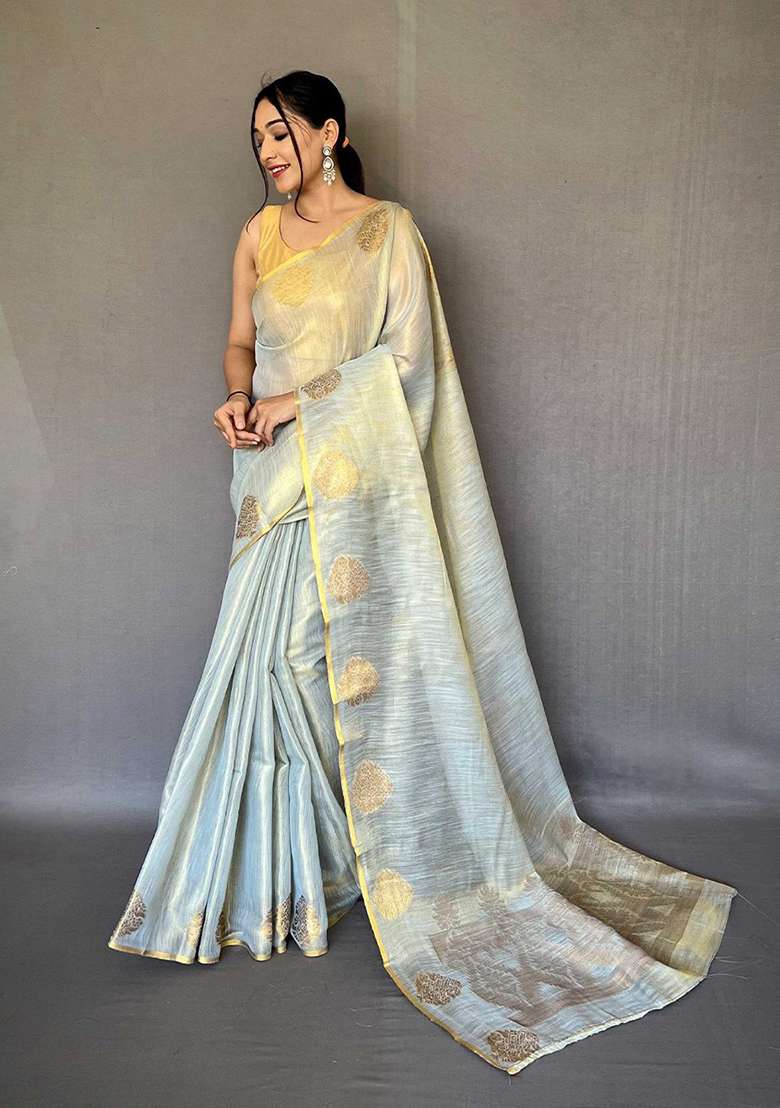 Grey Solid Silk Saree Set for Diwali and Festive Wear - Indya