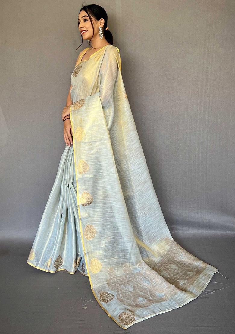Grey Solid Silk Saree Set