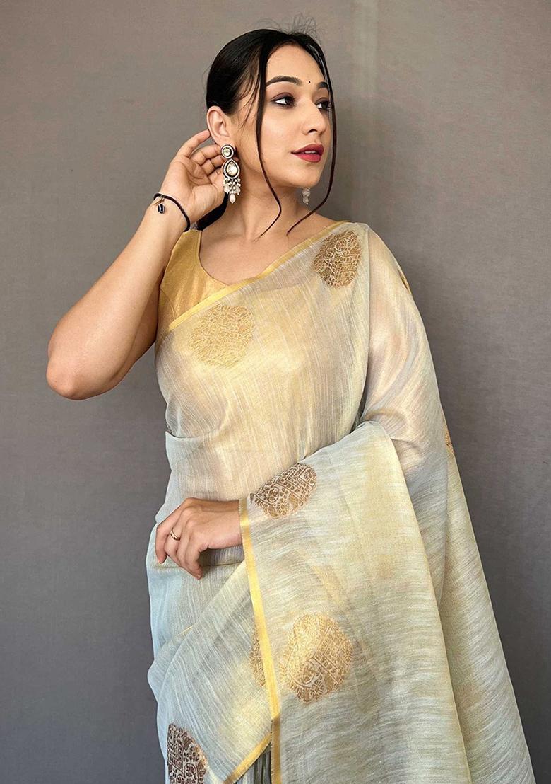Grey Solid Silk Saree Set