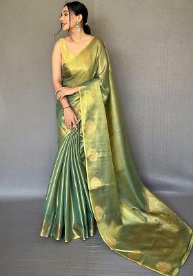 Green Solid Silk Saree Set