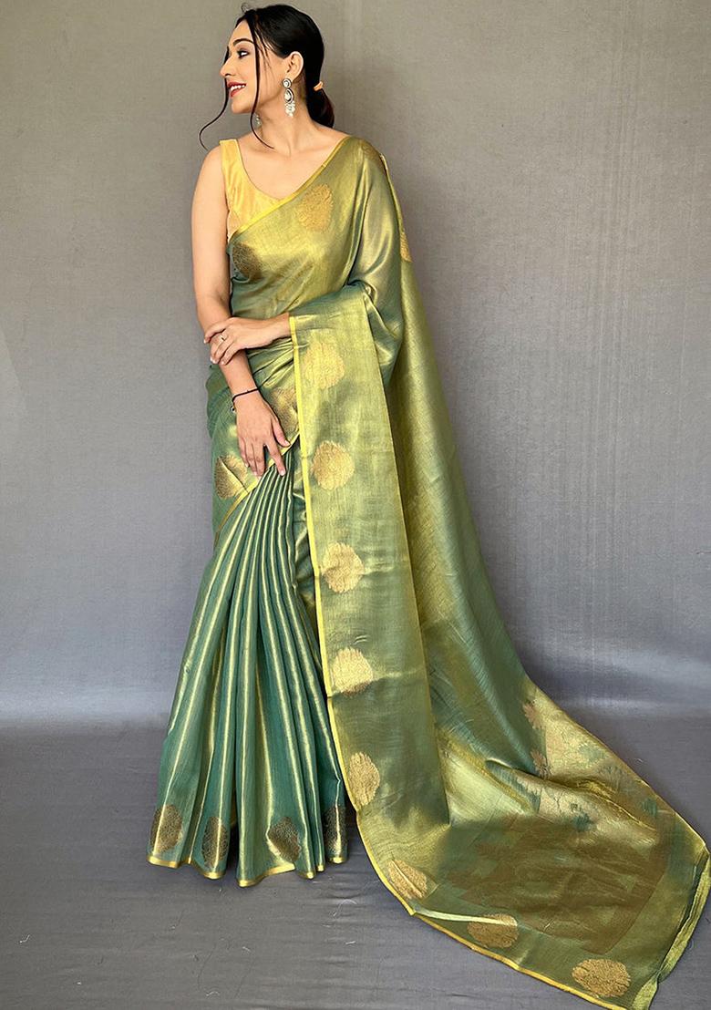 Green Solid Silk Saree Set