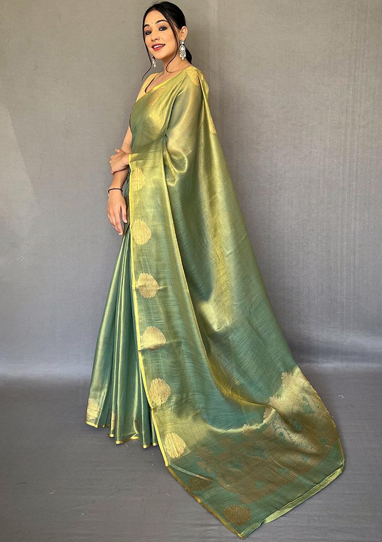 Green Solid Silk Saree Set