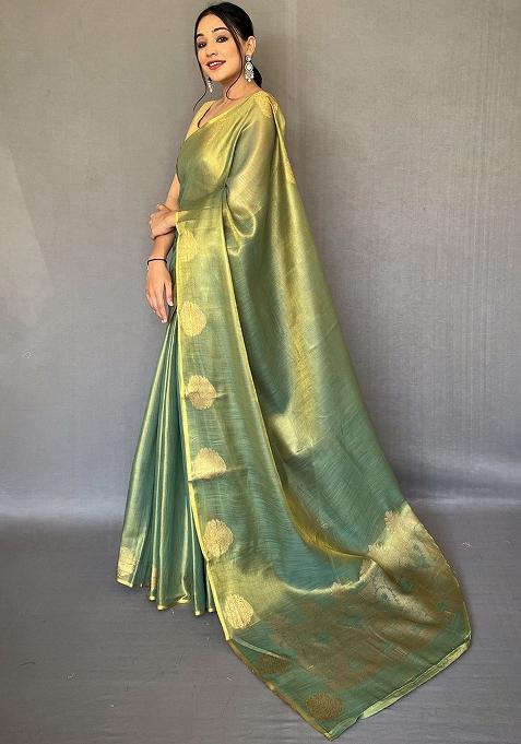 Green Solid Silk Saree Set