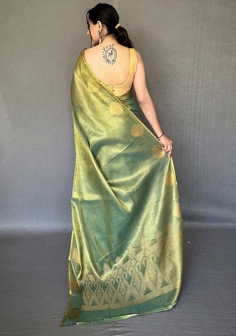 Green Solid Silk Saree Set