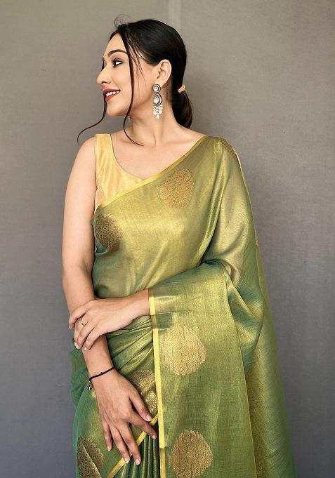 Green Solid Silk Saree Set