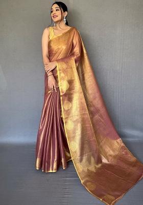Brown Solid Silk Saree Set